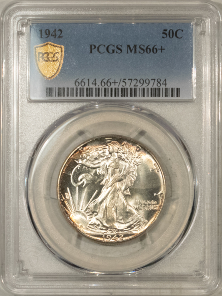 Half Dollars 1942 WALKING LIBERTY HALF DOLLAR – PCGS MS-66+, PREMIUM QUALITY!