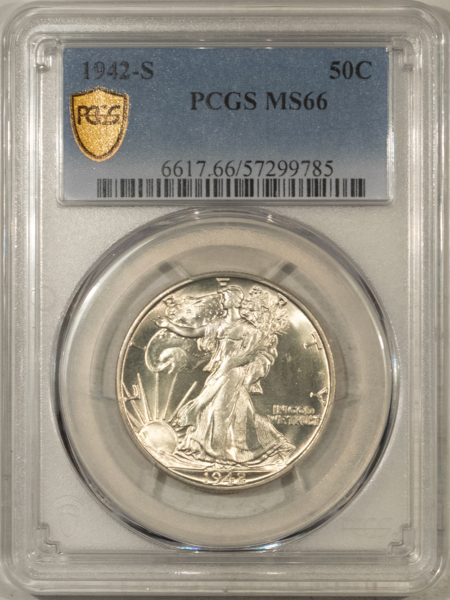 Half Dollars 1942-S WALKING LIBERTY HALF DOLLAR – PCGS MS-66, PREMIUM QUALITY!