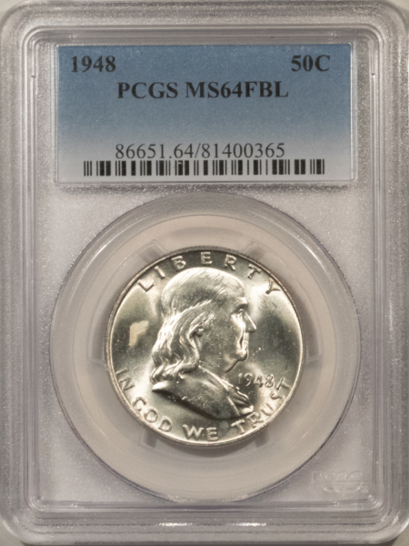 Franklin Halves 1948 FRANKLIN HALF DOLLAR PCGS MS-64 FBL BLAST WHITE (SPOT IS A STICKER REMNANT)