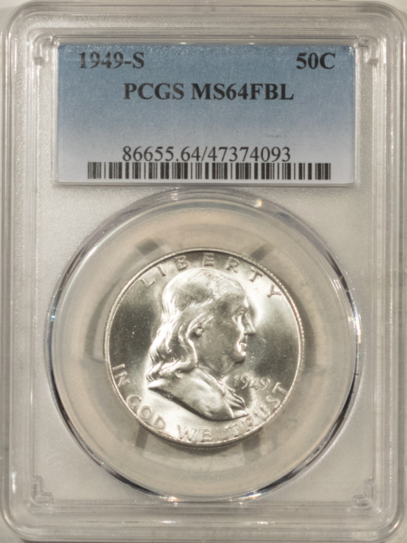 Franklin Halves 1949-S FRANKLIN HALF DOLLAR – PCGS MS-64 FBL, PREMIUM QUALITY! TOUGH!