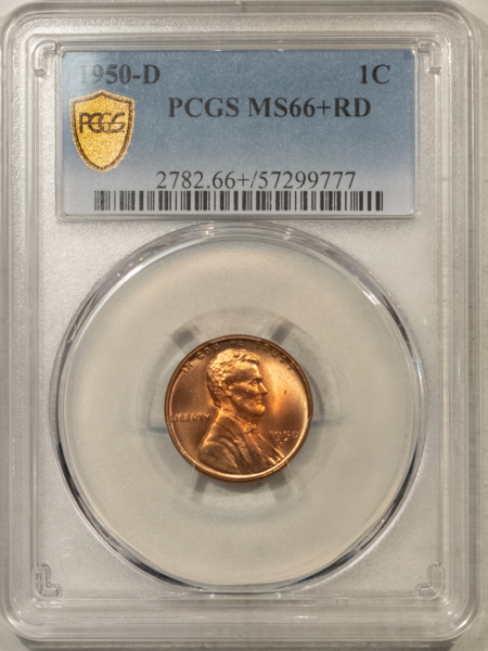 Lincoln Cents (Wheat) 1950-D LINCOLN CENT – PCGS MS-66+ RD, SUPERB! PREMIUM QUALITY!