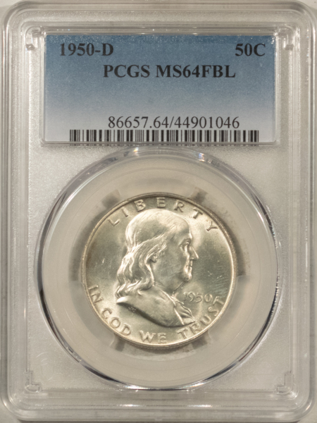Franklin Halves 1950-D FRANKLIN HALF DOLLAR – PCGS MS-64 FBL, CREAMY ORIGINAL WHITE