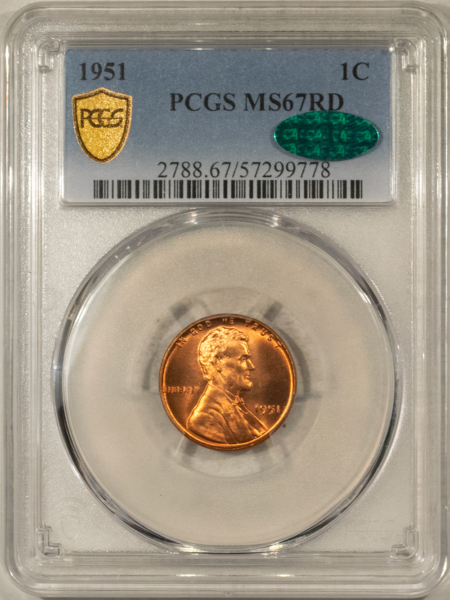 CAC Approved Coins 1951 LINCOLN CENT – PCGS MS-67 RD, POP 14 @ CAC, NONE FINER! CAC APPROVED!