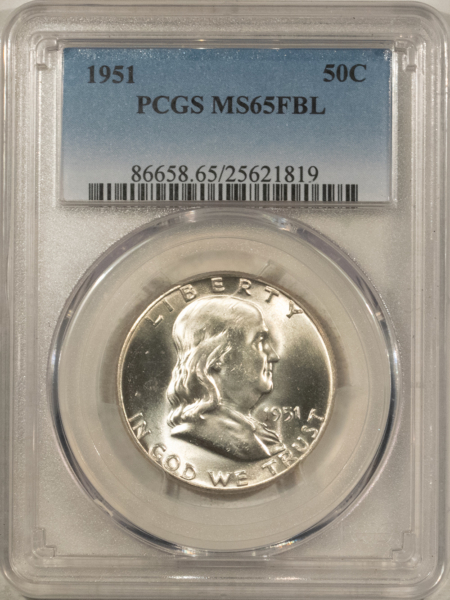 Franklin Halves 1951 FRANKLIN HALF DOLLAR – PCGS MS-65 FBL, PREMIUM QUALITY!