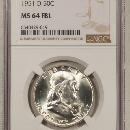 Franklin Halves 1951-D FRANKLIN HALF DOLLAR – NGC MS-64 FBL, BLAST WHITE