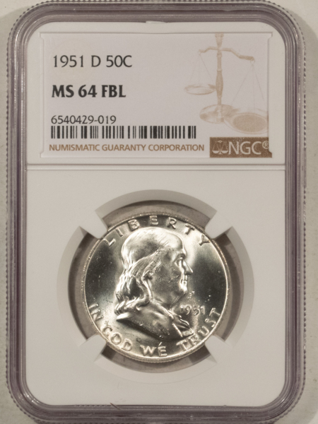 Franklin Halves 1951-D FRANKLIN HALF DOLLAR – NGC MS-64 FBL, BLAST WHITE