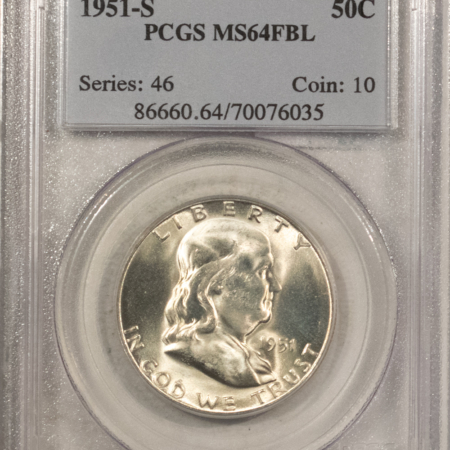 Franklin Halves 1951-S FRANKLIN HALF DOLLAR – PCGS MS-64 FBL, ORIGINAL LUSTROUS & PQ!