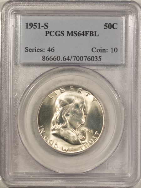 Franklin Halves 1951-S FRANKLIN HALF DOLLAR – PCGS MS-64 FBL, ORIGINAL LUSTROUS & PQ!