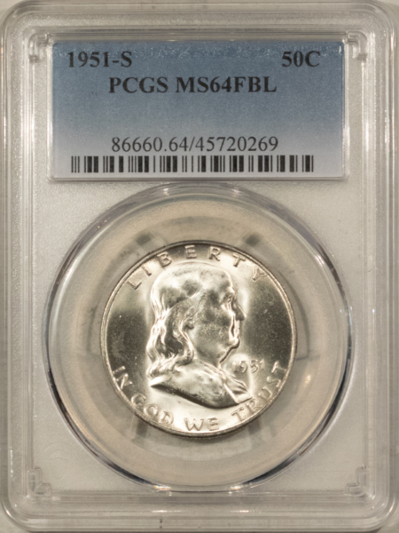 Franklin Halves 1951-S FRANKLIN HALF DOLLAR – PCGS MS-64 FBL