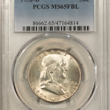 Franklin Halves 1952-D FRANKLIN HALF DOLLAR – PCGS MS-65 FBL, ORIGINAL SATINY GEM!