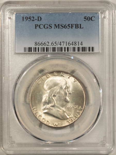 Franklin Halves 1952-D FRANKLIN HALF DOLLAR – PCGS MS-65 FBL, ORIGINAL SATINY GEM!