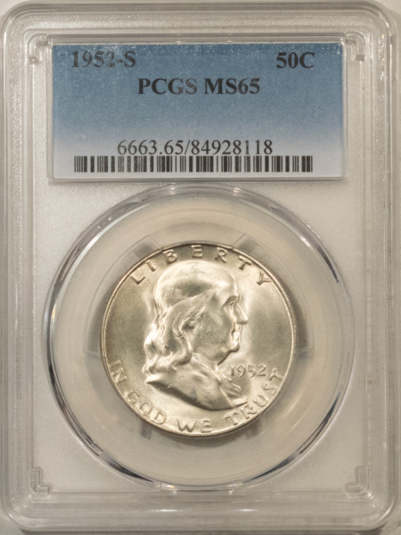 Franklin Halves 1952-S FRANKLIN HALF DOLLAR – PCGS MS-65, PREMIUM QUALITY!