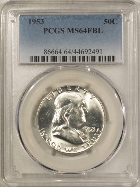 Franklin Halves 1953 FRANKLIN HALF DOLLAR – PCGS MS-64 FBL, BLAST WHITE