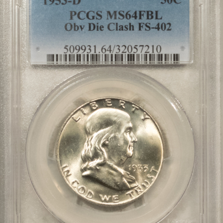 Franklin Halves 1953-D FRANKLIN HALF DOLLAR, OBVERSE DIE CLASH FS-402 – PCGS MS-64 FBL