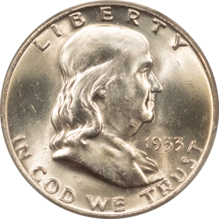 Franklin Halves 1953-D FRANKLIN HALF DOLLAR, OBVERSE DIE CLASH FS-402 – PCGS MS-64 FBL