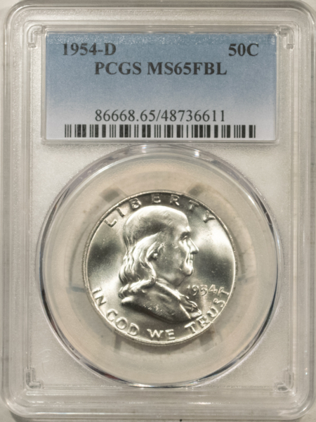 Franklin Halves 1954-D FRANKLIN HALF DOLLAR – PCGS MS-65 FBL, PREMIUM QUALITY BLAZER!