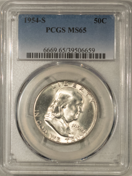 Franklin Halves 1954-S FRANKLIN HALF DOLLAR – PCGS MS-65, WHITE GEM!