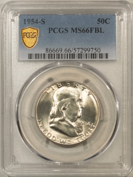 Franklin Halves 1954-S FRANKLIN HALF DOLLAR – PCGS MS-66 FBL, A BLAZER!
