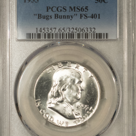 Franklin Halves 1955 FRANKLIN HALF DOLLAR, BUGS BUNNY FS-401 – PCGS MS-65 BLAST WHITE GEM