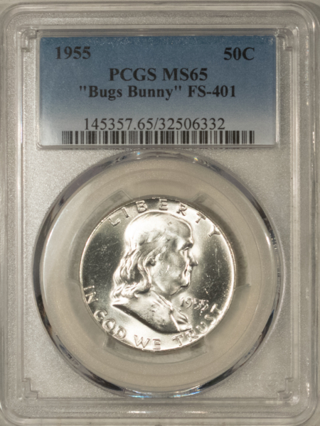 Franklin Halves 1955 FRANKLIN HALF DOLLAR, BUGS BUNNY FS-401 – PCGS MS-65 BLAST WHITE GEM