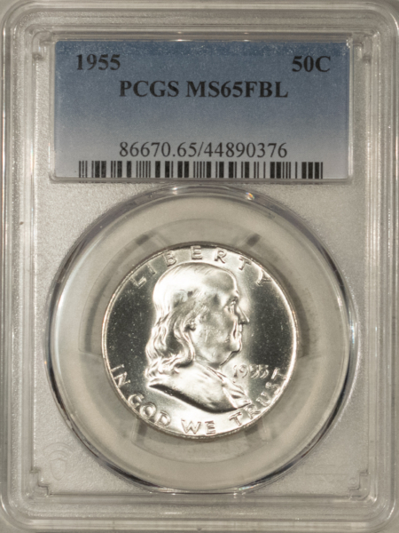 Franklin Halves 1955 FRANKLIN HALF DOLLAR – PCGS MS-65 FBL, BLAST WHITE