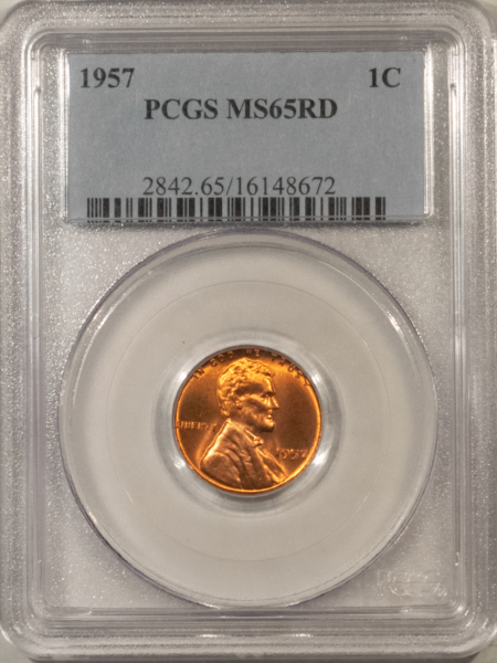 Lincoln Cents (Wheat) 1957 LINCOLN CENT – PCGS MS-65 RD, FIERY RED!