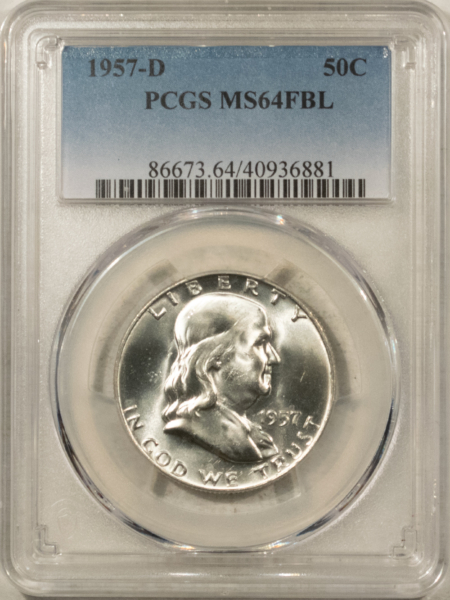 Franklin Halves 1957-D FRANKLIN HALF DOLLAR – PCGS MS-64 FBL, BLAST WHITE & PQ!