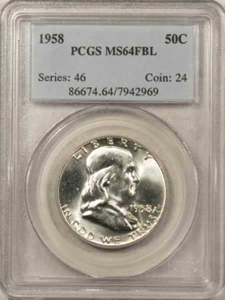 Franklin Halves 1958 FRANKLIN HALF DOLLAR – PCGS MS-64 FBL WHITE, TOUGHER