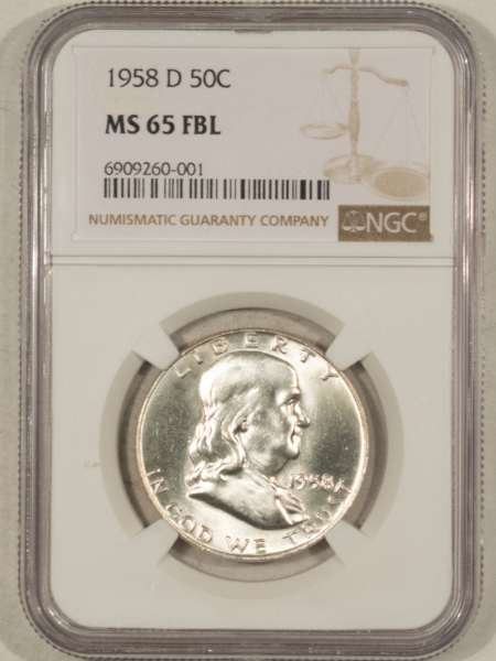 Franklin Halves 1958-D FRANKLIN HALF DOLLAR – NGC MS-65 FBL, BLAST WHITE