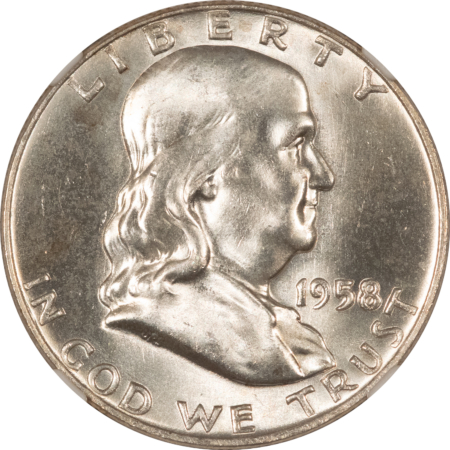 Franklin Halves 1958-D FRANKLIN HALF DOLLAR – NGC MS-65 FBL, BLAST WHITE