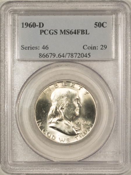 Franklin Halves 1960-D FRANKLIN HALF DOLLAR – PCGS MS-64 FBL WHITE & NEAR GEM!