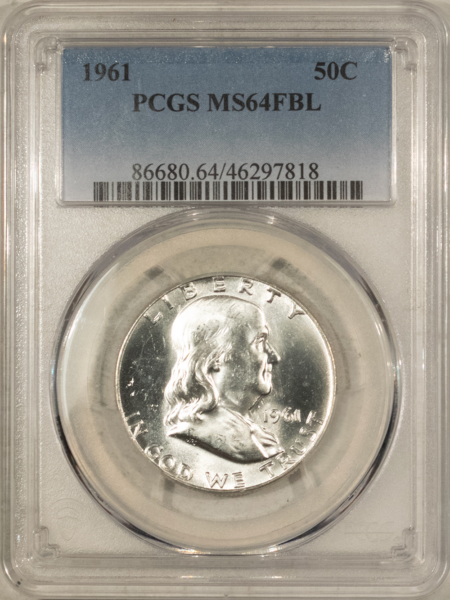 Franklin Halves 1961 FRANKLIN HALF DOLLAR – PCGS MS-64 FBL, BLAST WHITE