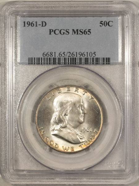 Franklin Halves 1961-D FRANKLIN HALF DOLLAR – PCGS MS-65, LOOKS 66, PREMIUM QUALITY & PRETTY!