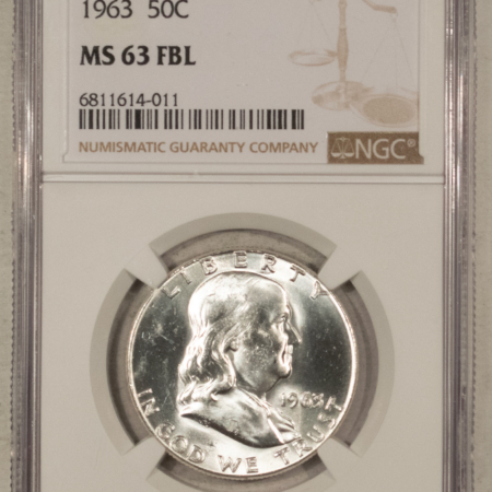 Franklin Halves 1963 FRANKLIN HALF DOLLAR – NGC MS-63 FBL, VERY TOUGH IN FULL BELL LINES!