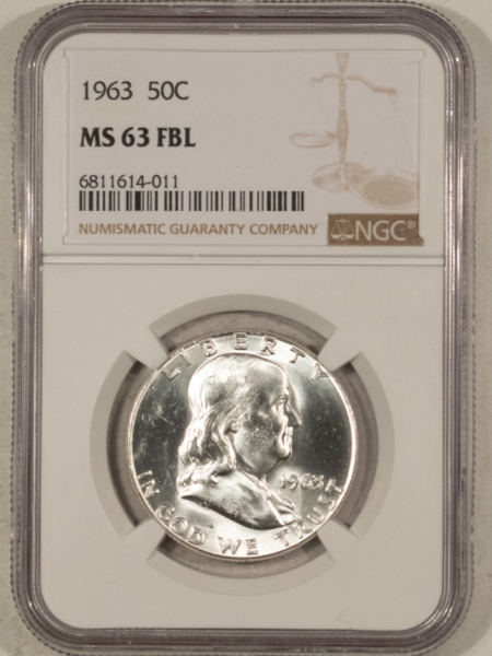 Franklin Halves 1963 FRANKLIN HALF DOLLAR – NGC MS-63 FBL, VERY TOUGH IN FULL BELL LINES!