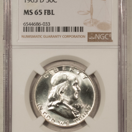 Franklin Halves 1963-D FRANKLIN HALF DOLLAR – NGC MS-65 FBL BLAST WHITE GEM!