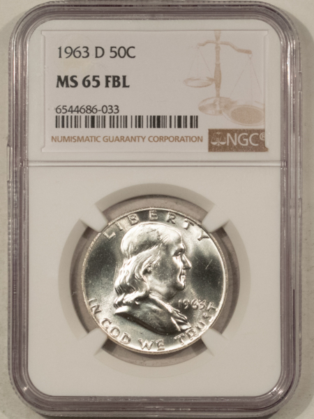 Franklin Halves 1963-D FRANKLIN HALF DOLLAR – NGC MS-65 FBL BLAST WHITE GEM!