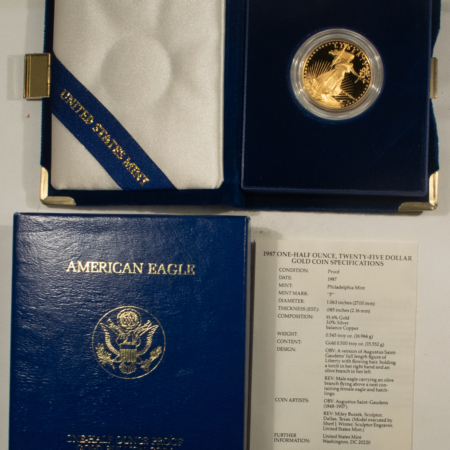 Bullion 1987 $25 PROOF AMERICAN GOLD EAGLE, 1/2 OZ – GEM PROOF WITH BOX & COA!