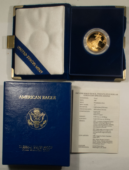 Bullion 1987 $25 PROOF AMERICAN GOLD EAGLE, 1/2 OZ – GEM PROOF WITH BOX & COA!