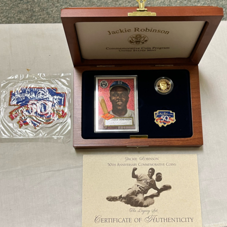 Gold Bullion 1997-W $5 JACKIE ROBINSON GOLD COMMEM LEGACY SET, CARD/PATCH/PIN & BOX GEM PROOF