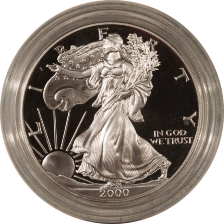American Silver Eagles 2000-P $1 PROOF AMERICAN SILVER EAGLE, 1 OZ .999 – GEM PROOF WITH BOX AND COA!
