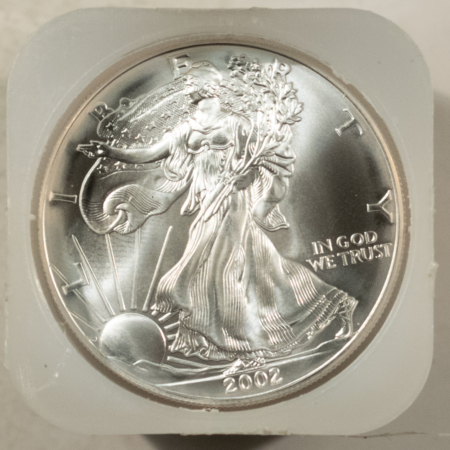 American Silver Eagles 2002 $1 AMERICAN SILVER EAGLES ROLL OF 20, 1 OZ .999 – GEM BU IN ORIGINAL TUBE!
