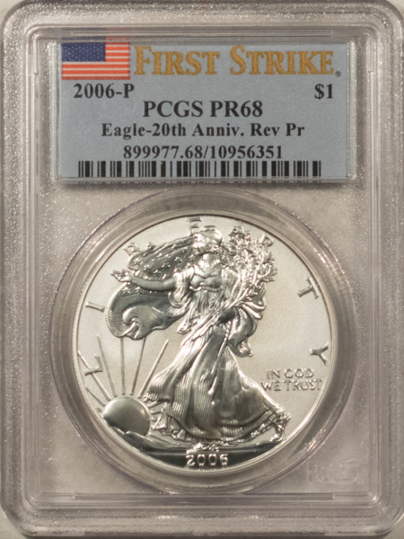 American Silver Eagles 2006-P 1 OZ .999 REVERSE PROOF AMERICAN SILVER EAGLE PCGS PR-68 20TH ANNIVERSARY