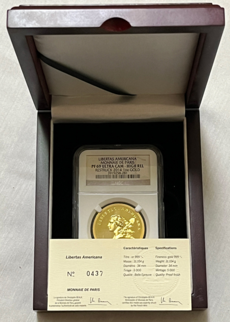 Bullion 2014 MONNAIE DE PARIS LIBERTAS AMERICANA PROOF 1 OZ GOLD RESTRIKE NGC PF-69 UCAM