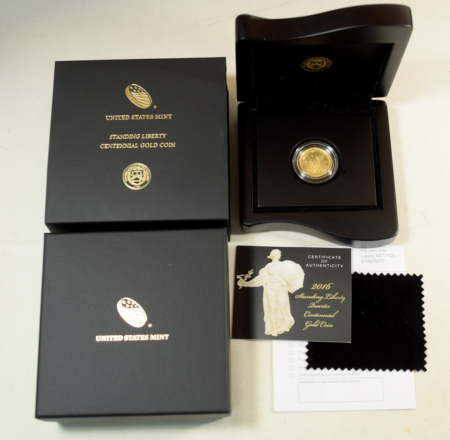 American Gold Eagles, Buffaloes, & Liberty Series 2016 1/4 OZ 25C STANDING LIBERTY QUARTER GOLD CENTENNIAL GEM SPECIMEN W/ BOX/COA