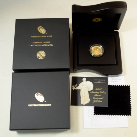 American Gold Eagles, Buffaloes, & Liberty Series 2016 1/4 OZ 25C STANDING LIBERTY QUARTER GOLD CENTENNIAL GEM SPECIMEN W/ BOX/COA