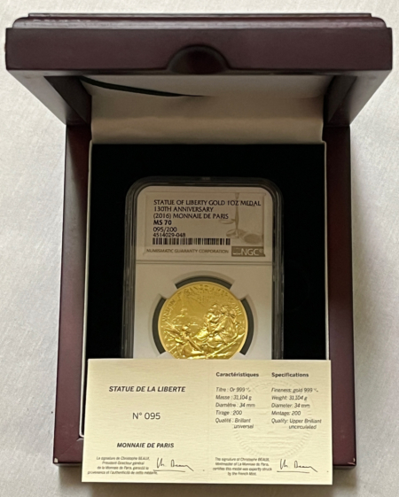 Bullion 2016 MONNAIE DE PARIS STATUE OF LIBERTY 130 ANNIVERSARY 1 OZ .999 GOLD NGC MS-70