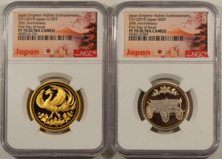 Bullion 2019 JAPAN EMPEROR AKIHITO ENTHRONEMENT 2 COIN SET 999 GOLD .643 OZ AGW NGC PF70