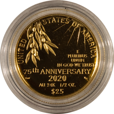 American Gold Eagles, Buffaloes, & Liberty Series 2020-W V75 $25 PROOF 24-KARAT 1/2 OZ GOLD WORLD WAR II 75TH ANNIVERSARY GEM, OGP