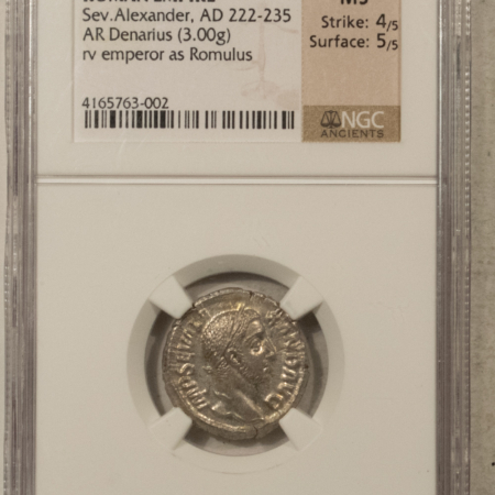 Ancient Coins AD 222-235 ROMAN EMPIRE SEV ALEXANDER AR DENARIUS, AS ROMULUS 3g NGC MS 4/5 5/5